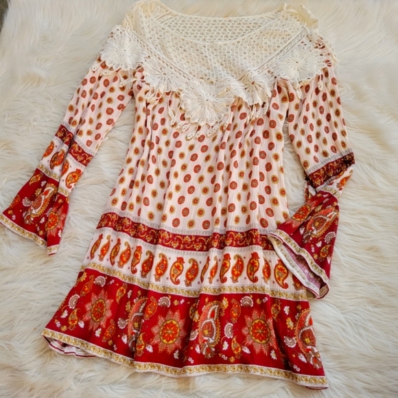 Tassels N Lace Dresses & Skirts - Tassels Lace Dress Cream Orange Paisley Boho Long Sleeve Crochet Peasant Neck S